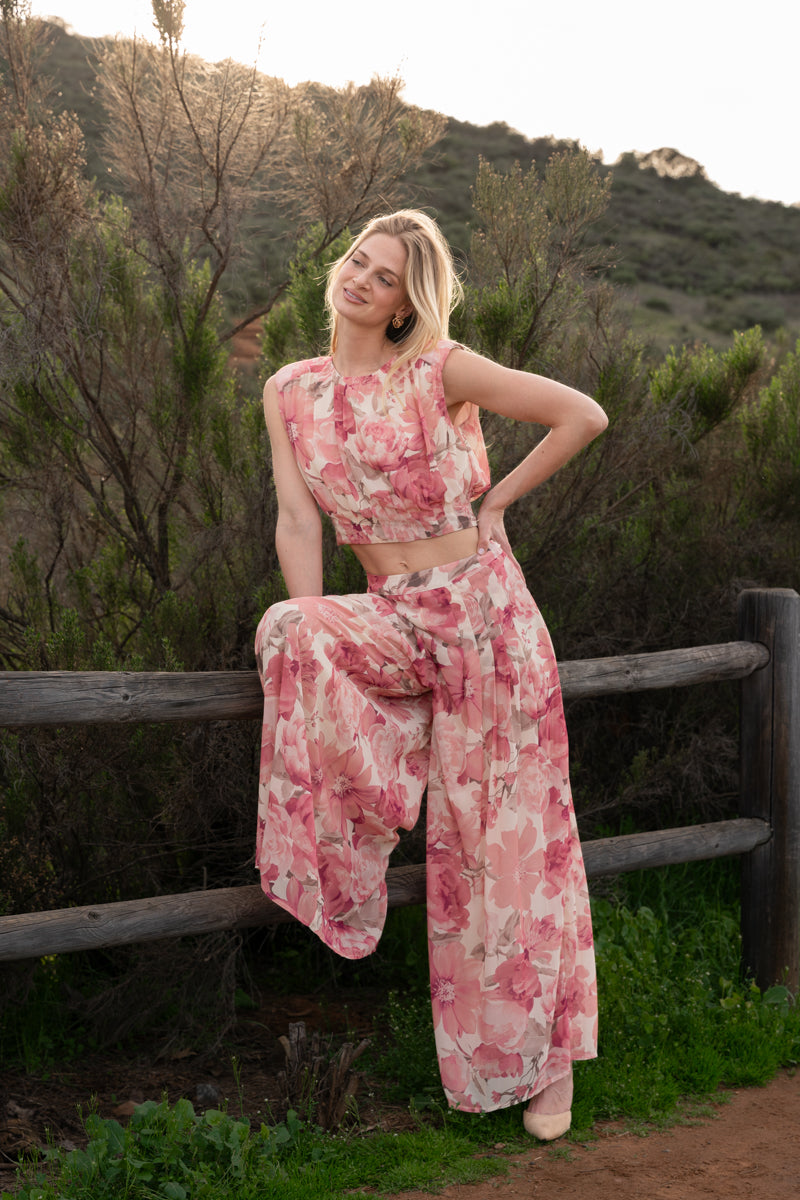 Elowen High Waist Wide Leg Floral Print Pants Pink