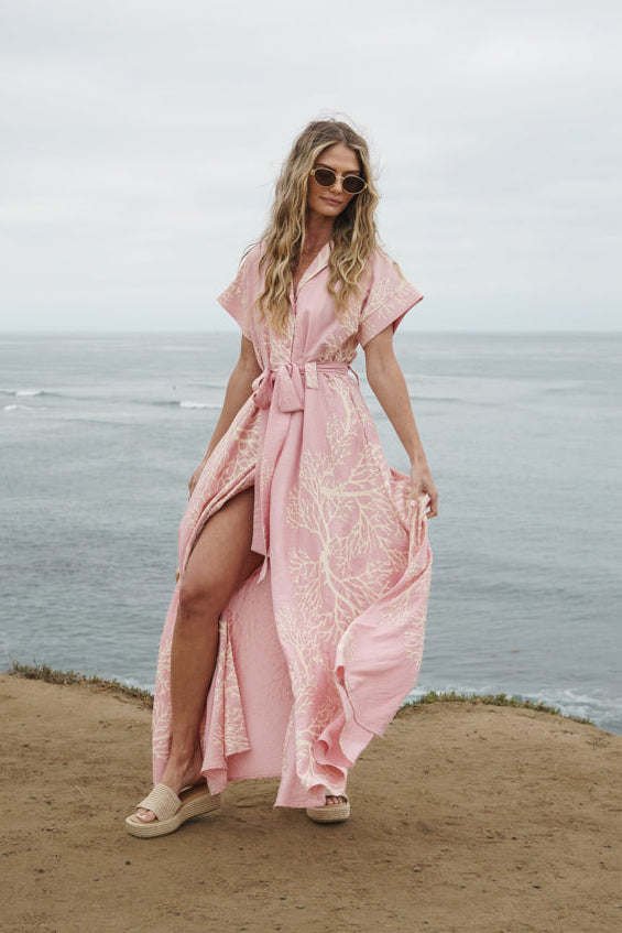 Heidi Short Sleeve Waist Tie Coral Print Maxi Dress Pink