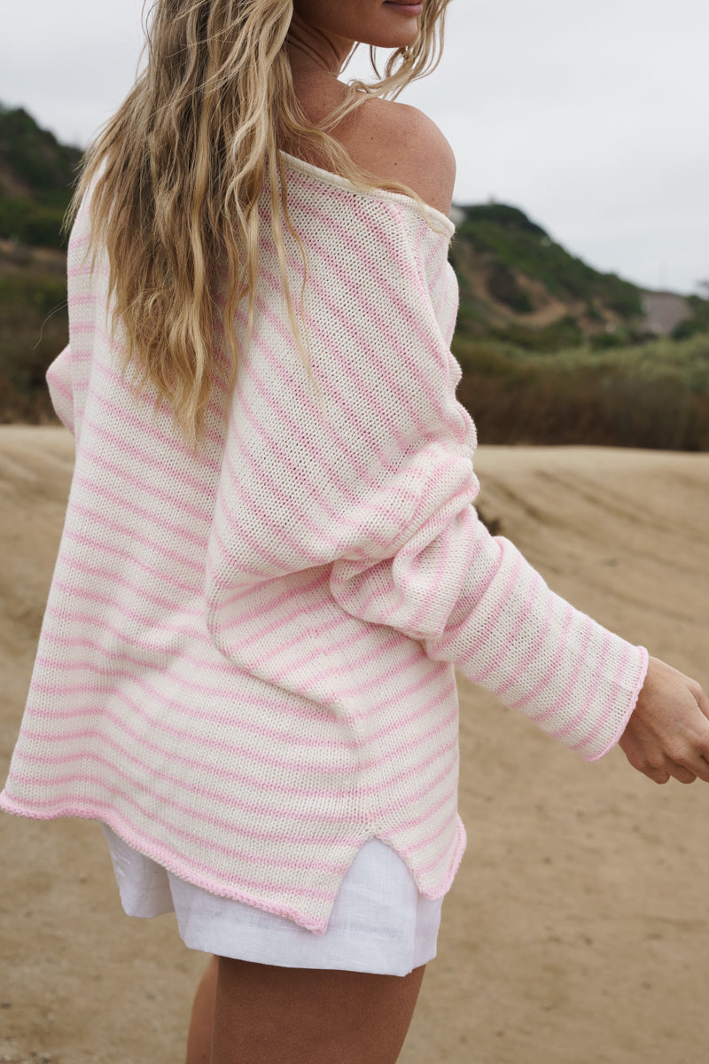 Ada Long Sleeve Stripe Print Knit Top Pink