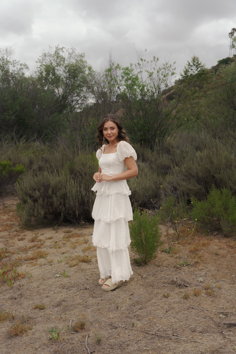 Eden Short Puff Sleeve Tiered Maxi Dress White