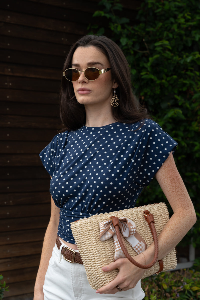 Jocelyn Short Sleeve Polka Dot Print Crop Top Navy