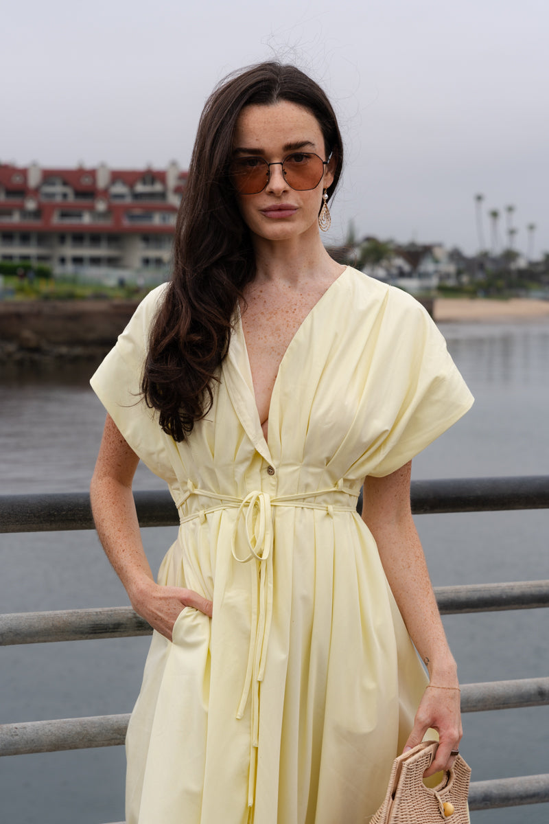 Gloria Short Sleeve Waist Tie Maxi Dress Yellow
