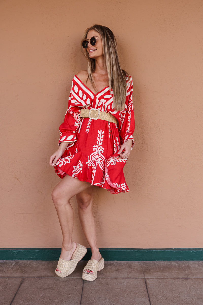 Justine 3/4 Dolman Sleeve Waist Tie Abstract Print Mini Dress Red