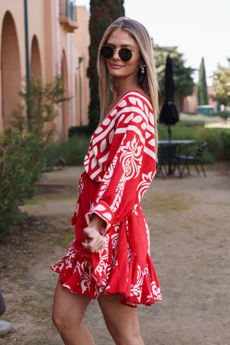 Justine 3/4 Dolman Sleeve Waist Tie Abstract Print Mini Dress Red