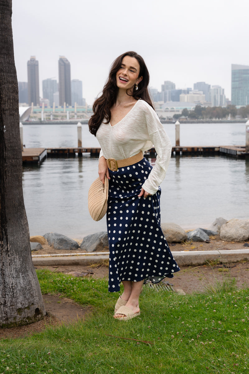 Nicole High Waist Polka Dot Print Maxi Skirt Navy