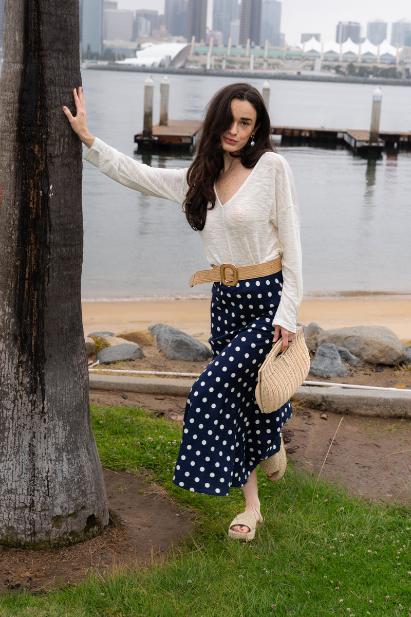 Nicole High Waist Polka Dot Print Maxi Skirt Navy