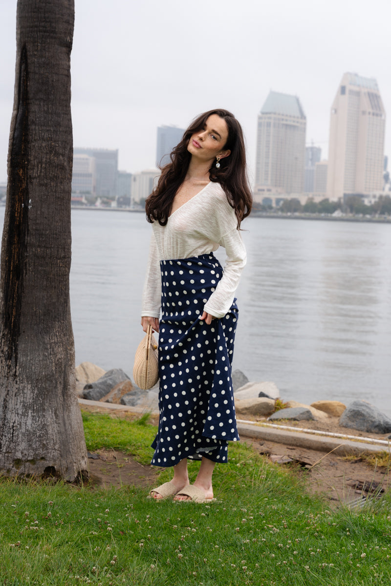 Nicole High Waist Polka Dot Print Maxi Skirt Navy