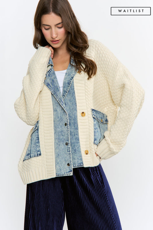 Waitlist 8/25 • Clarissa Long Sleeve Cable Knit Denim Trim One Size Shacket Ivory
