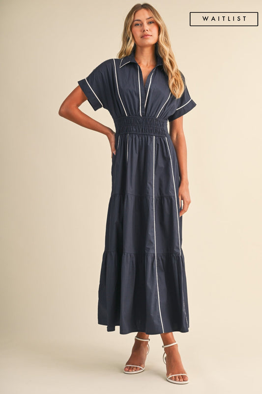 Waitlist 7/25 • Anya Short Sleeve Contrast Piping Maxi Dress Navy