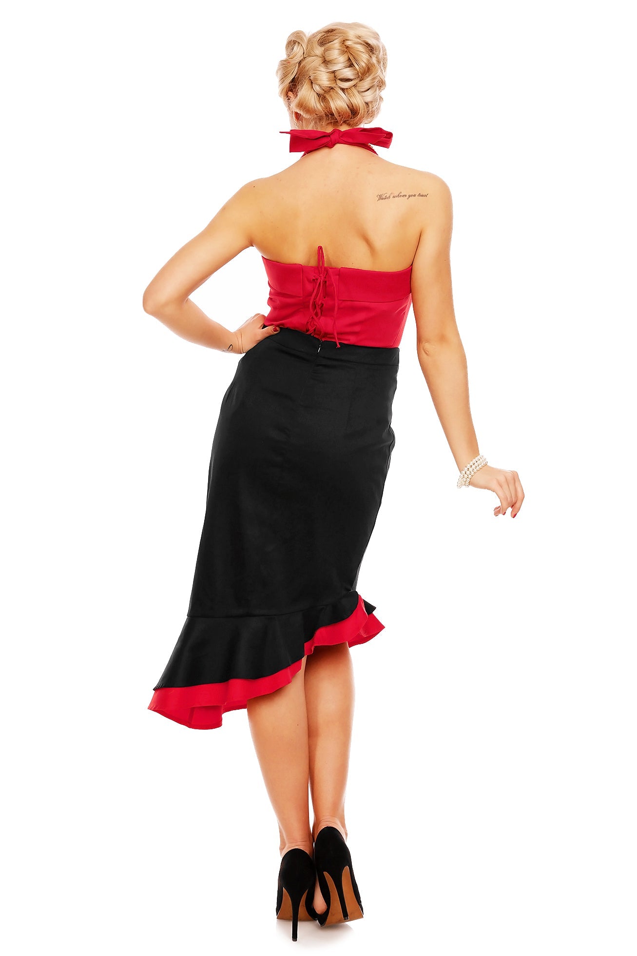 Madison High Waist 50s Style Ruffle Skirt In Black & Red