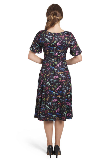 Janice Black Sleeved Flared Tea Dress In Fossil Print
