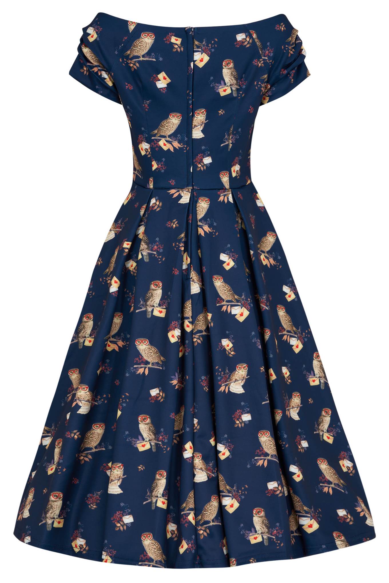 Lily Off Shoulder Navy Owl Swing Dress