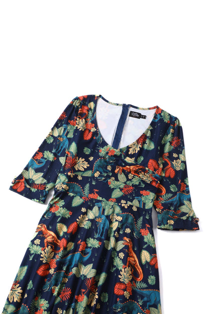Katherine Long Sleeved Dress in Tropical Leaves/Dinosaurs