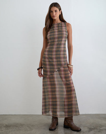 Elska Maxi Dress in Brown and Pink Blurry Check