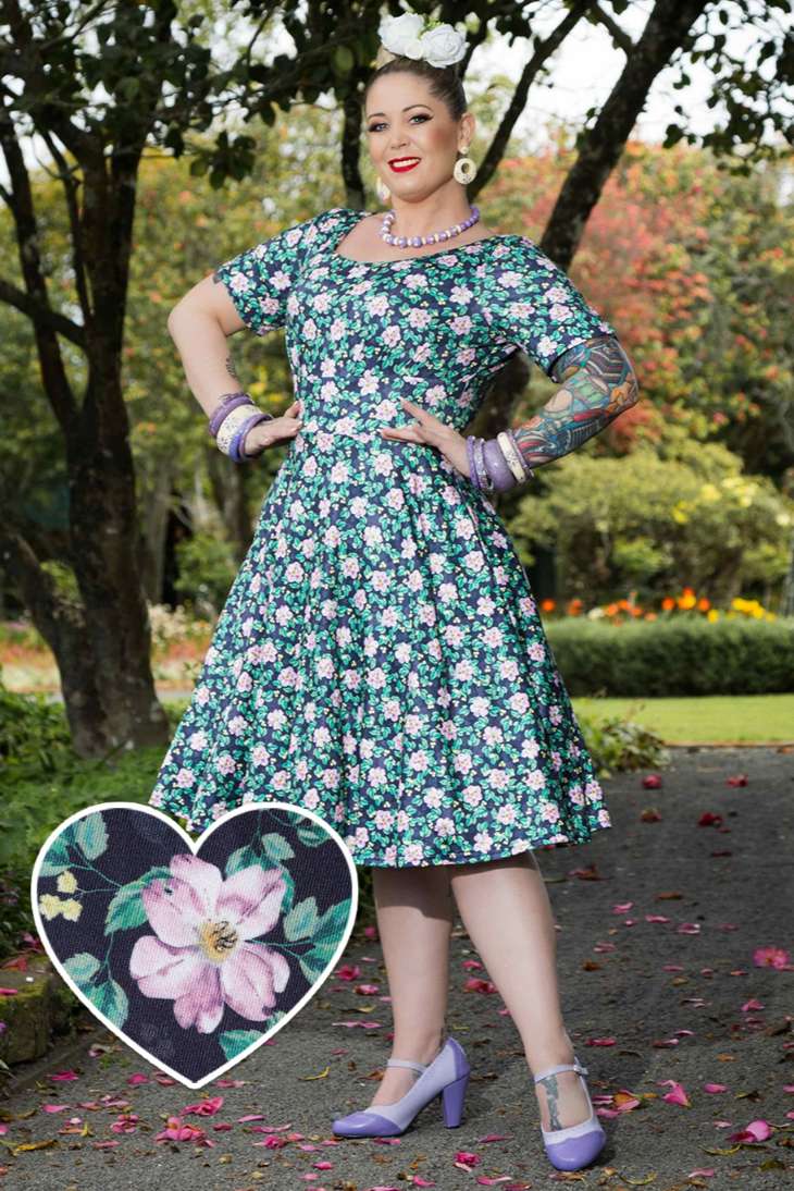 Brenda Black/Purple Floral Flared Day Dress