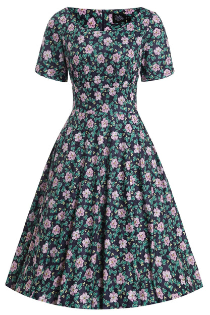 Brenda Black/Purple Floral Flared Day Dress