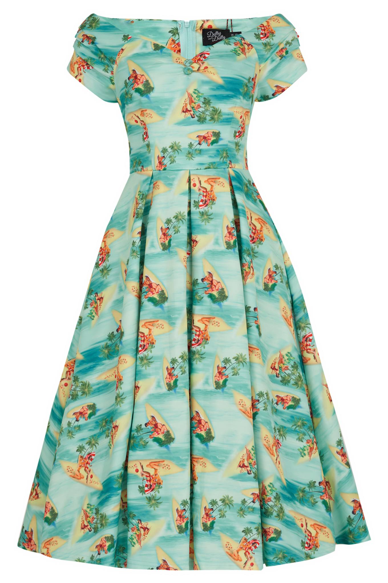 Lily Off Shoulder Turquoise Dress In Pinup Beach Print