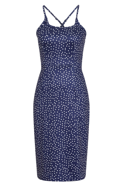 Norma Cross Strap Fitted Dress in Blue Polka Dots