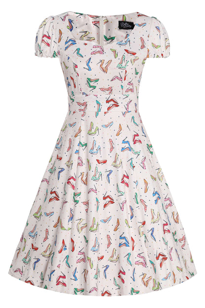 Claudia Cream Cap Sleeve Dress in Stiletto Print