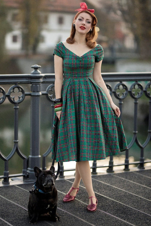 Lily Green Tartan Off Shoulder Swing Dress