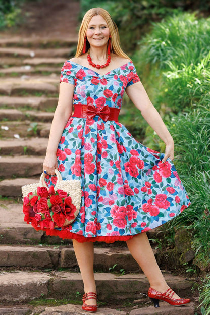 Lily Pink Peony Off Shoulder Dress In Blue