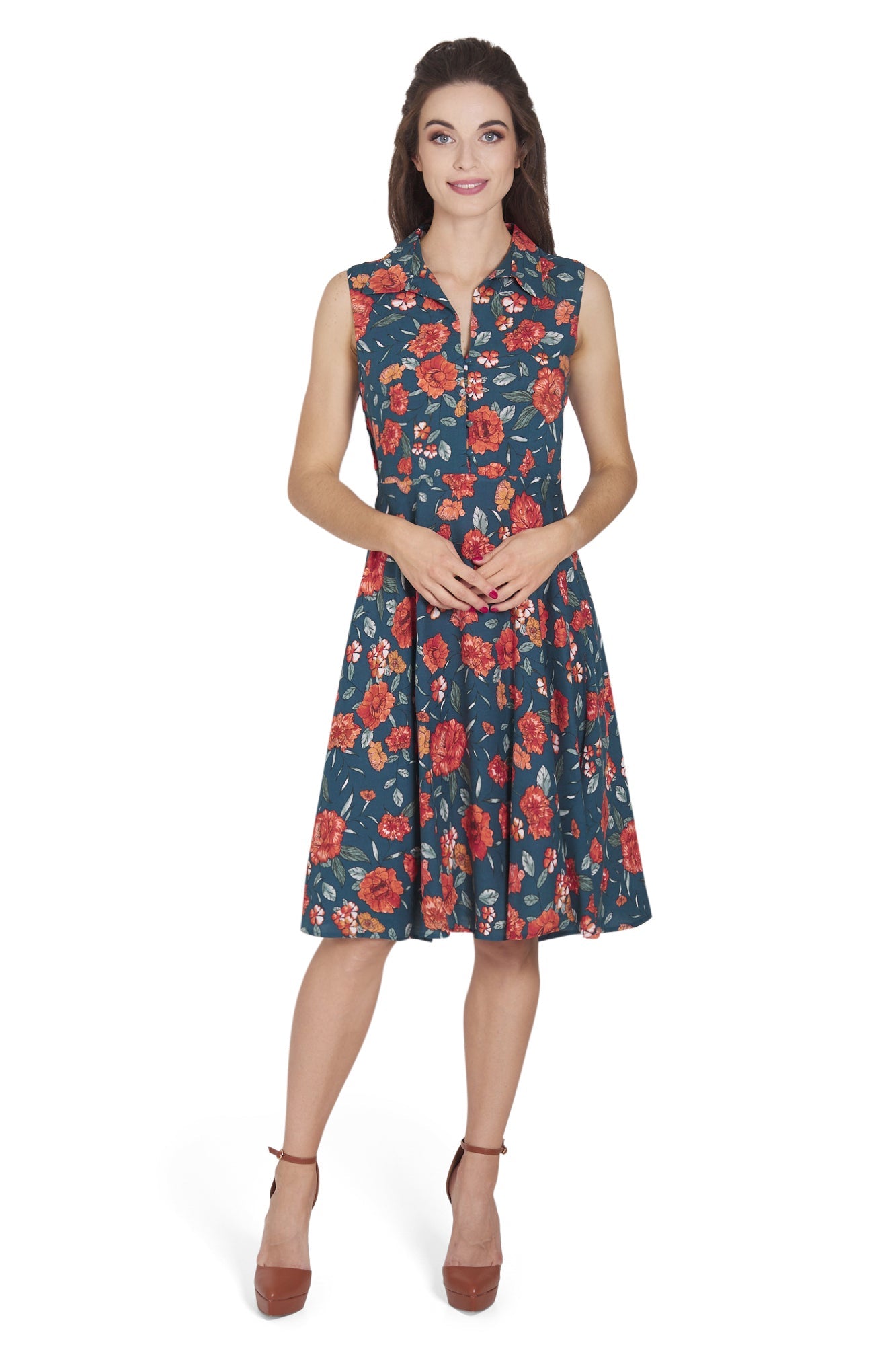 Poppy Blue & Orange Floral Collar Shirt Dress