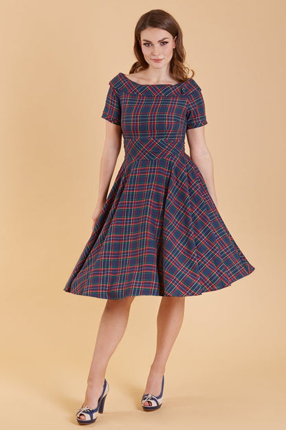 Darlene Retro Navy & Red Tartan Swing Dress