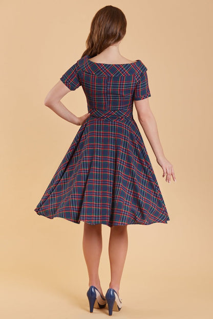 Darlene Retro Navy & Red Tartan Swing Dress