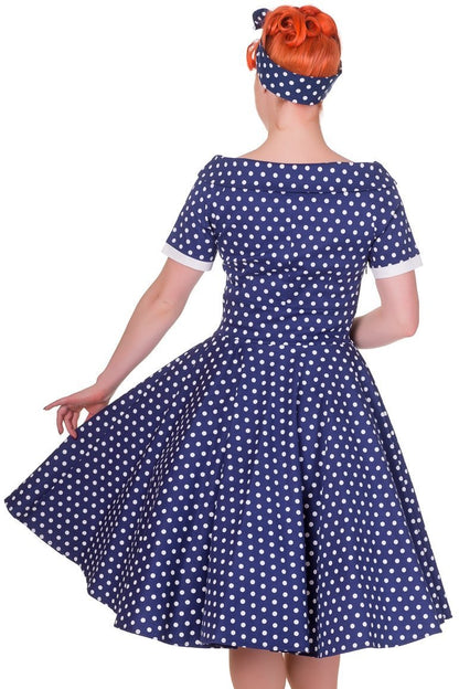 Darlene Retro Polka Dot Swing Dress in Dark Blue