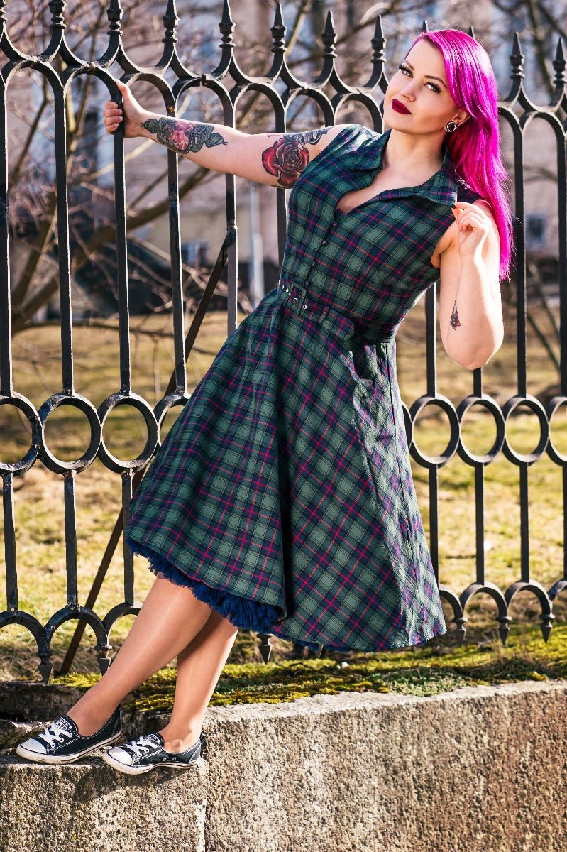 Poppy Retro Shirt Swing Dress in Green Tartan