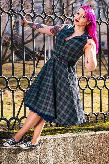 Poppy Retro Shirt Swing Dress in Green Tartan