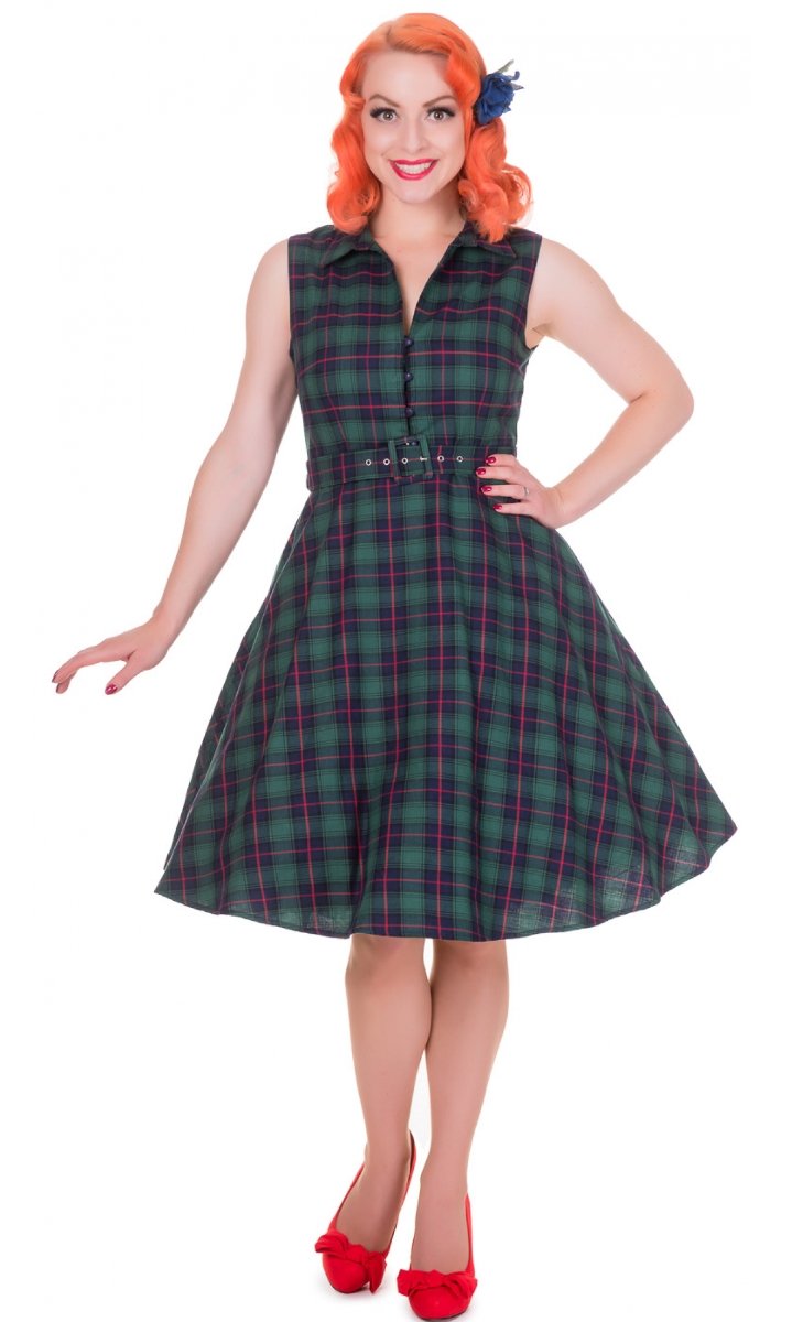 Poppy Retro Shirt Swing Dress in Green Tartan