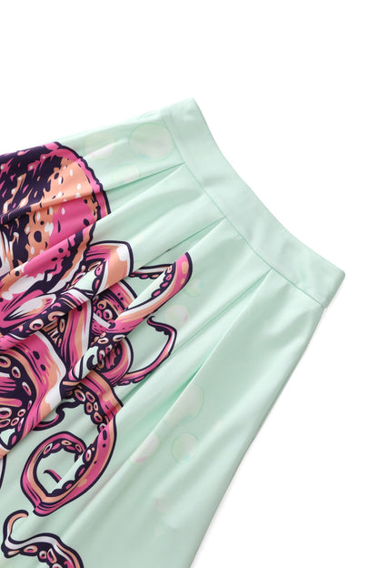 Aisley Octopus Box Pleated Skirt In Mint Green