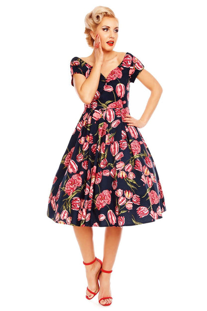 Lily Short Sleeved 50s Pleated Dress in Navy Tulip