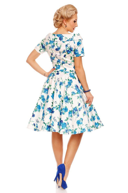 Darlene Floral Roses Swing Dress in White-Blue