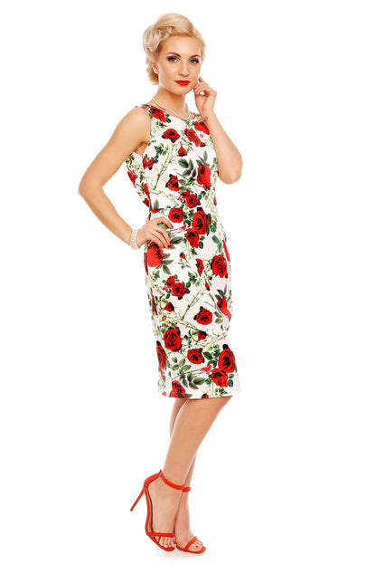 Naomi Floral Rose Scoop Back Pencil Dress in White-Red