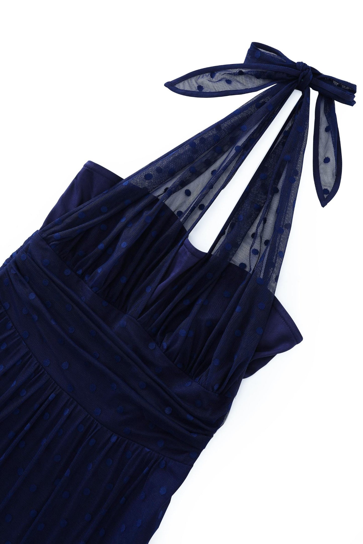 Dorothea Navy Blue Polka Dot Mesh Halter Dress