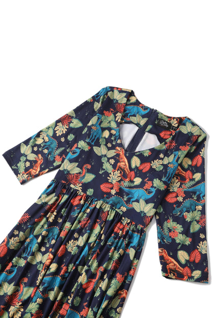 Billie Navy Blue Tropical Dinosaur Dress