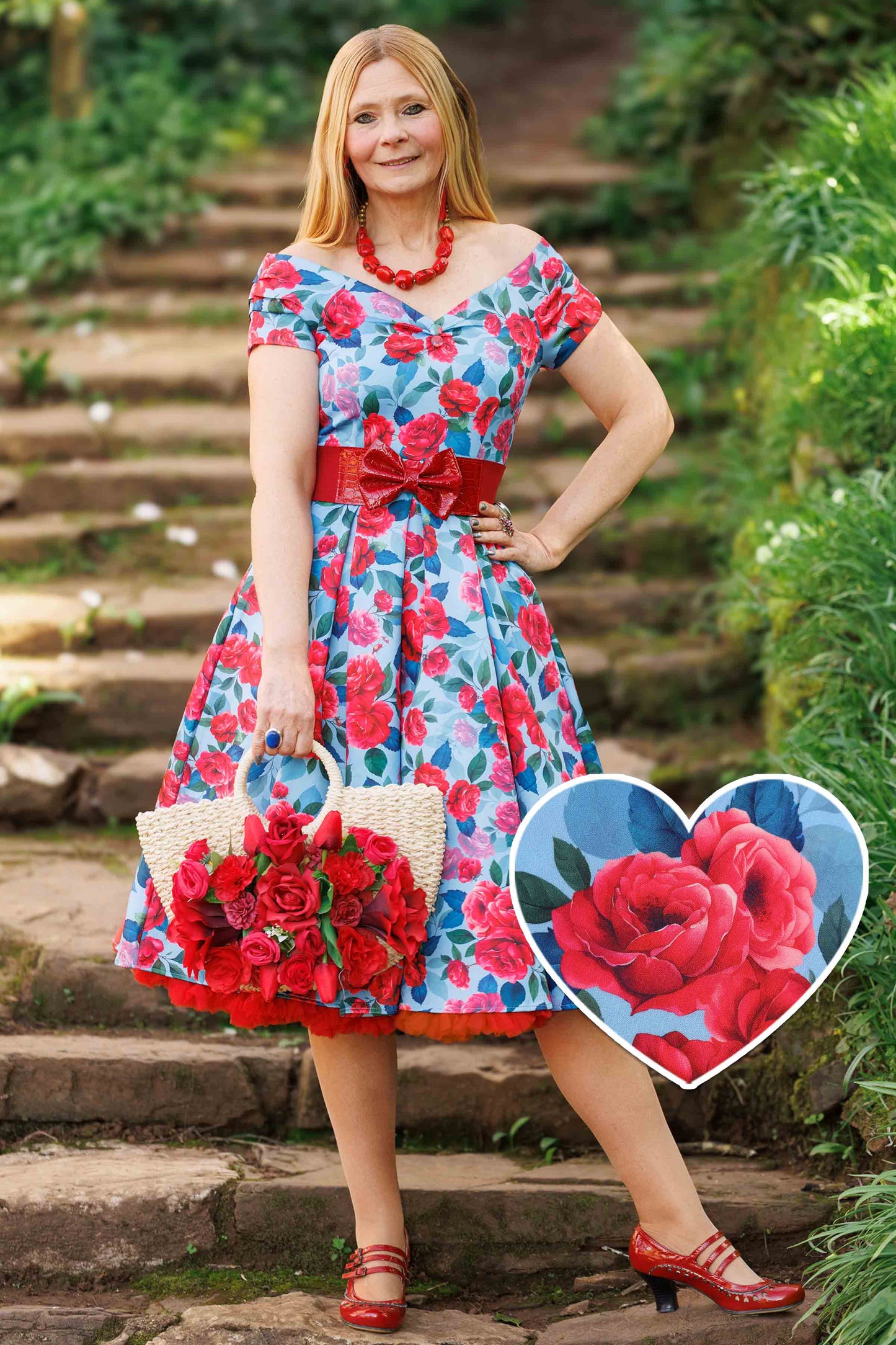 Lily Pink Peony Off Shoulder Dress In Blue
