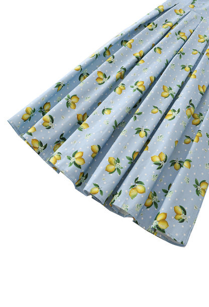 Ophelia Blue Midi Dress in Lemons and Spots