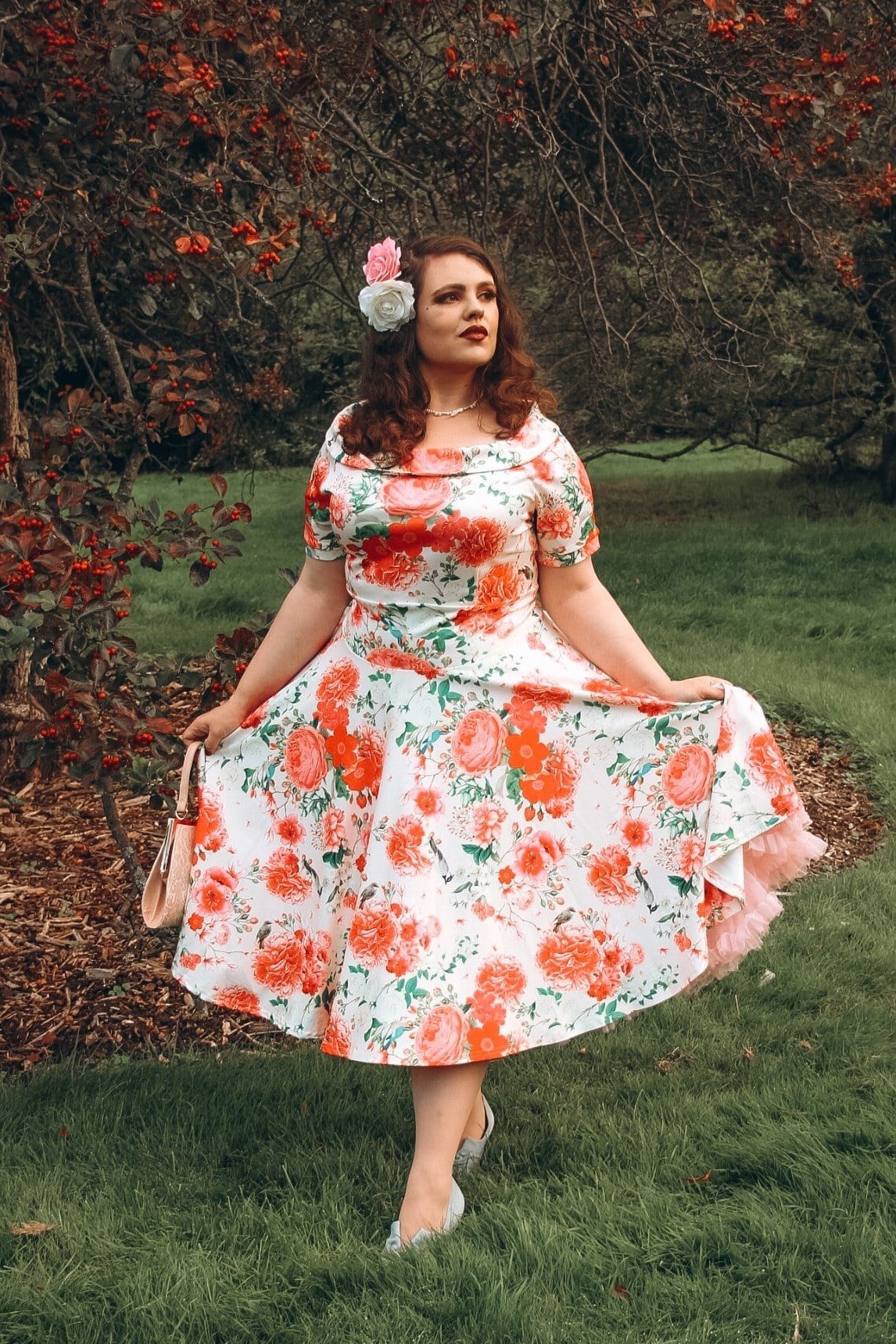 Darlene Vintage Peony Floral Tea Dress In White & Pink