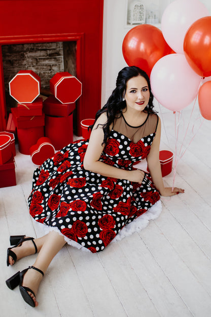 Elizabeth Vintage Style Polka Roses Party Dress in Black-Red
