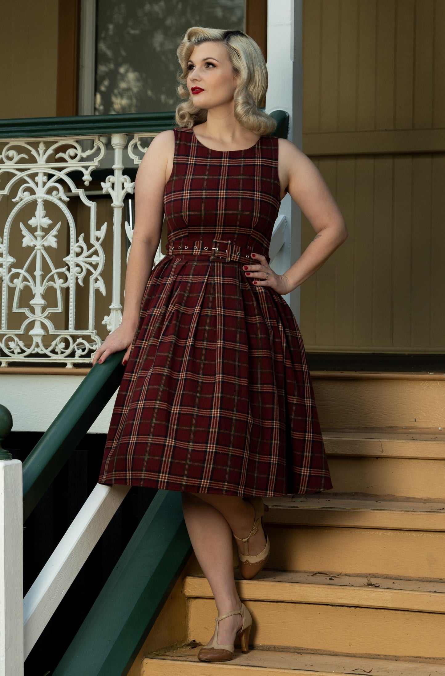 Annie Retro Burgundy Tartan Swing Dress