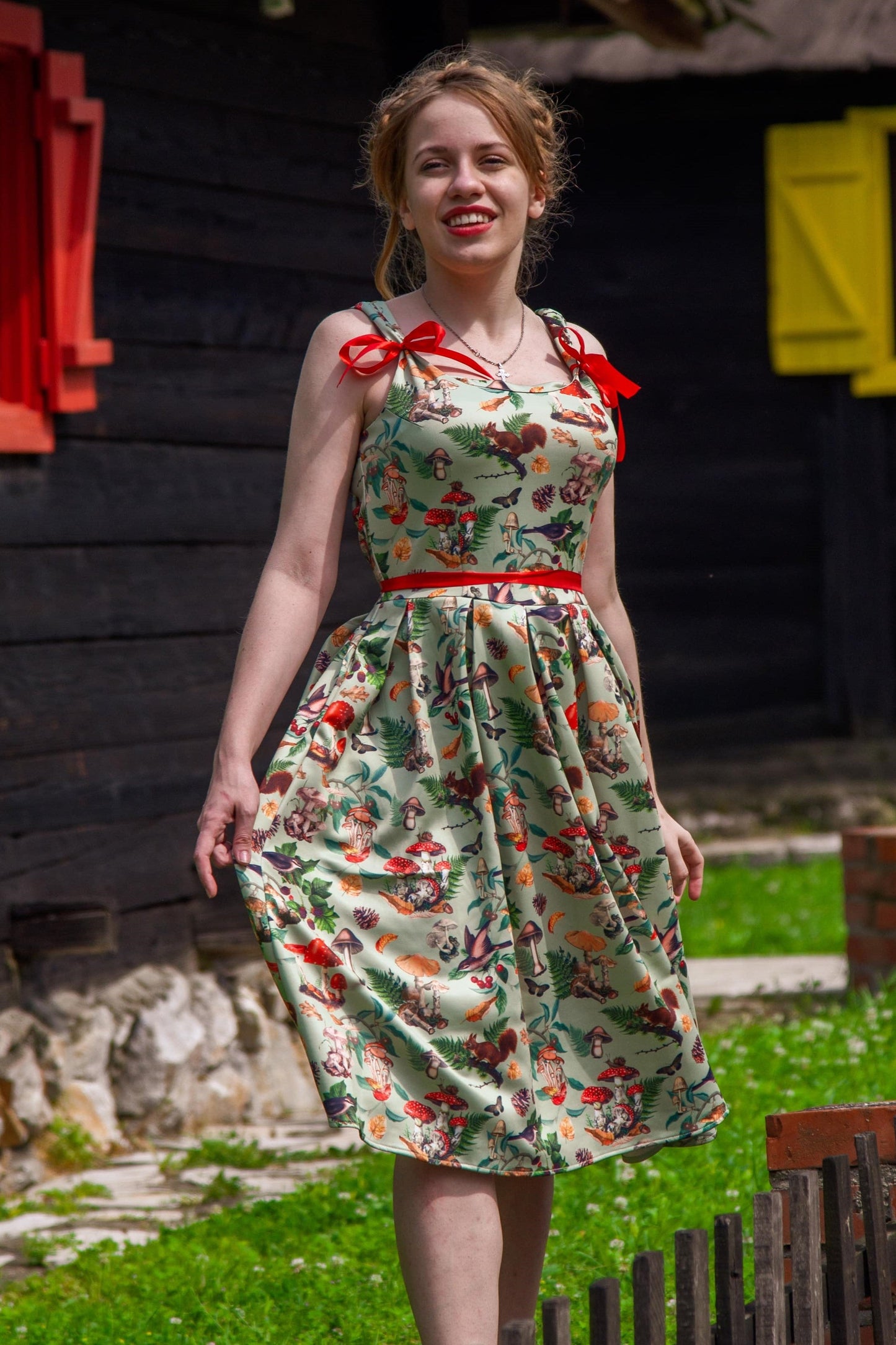 Amanda Woodland Flared Dress In Tea Green