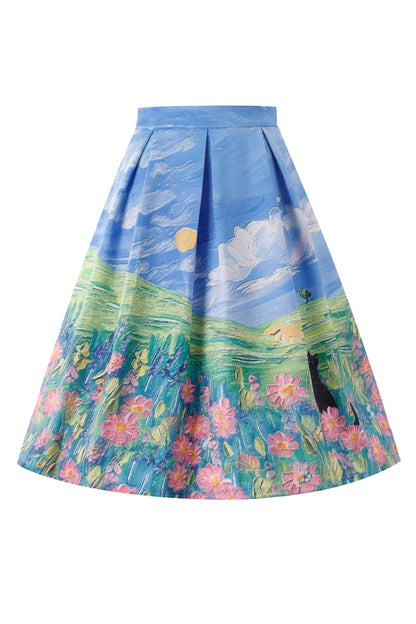 Aisley Cat Adventure Pleated Midi Skirt