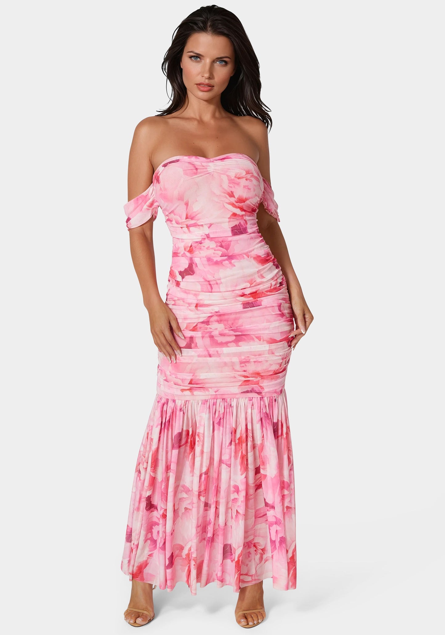 Off Shoulder Ruched Mesh Gown