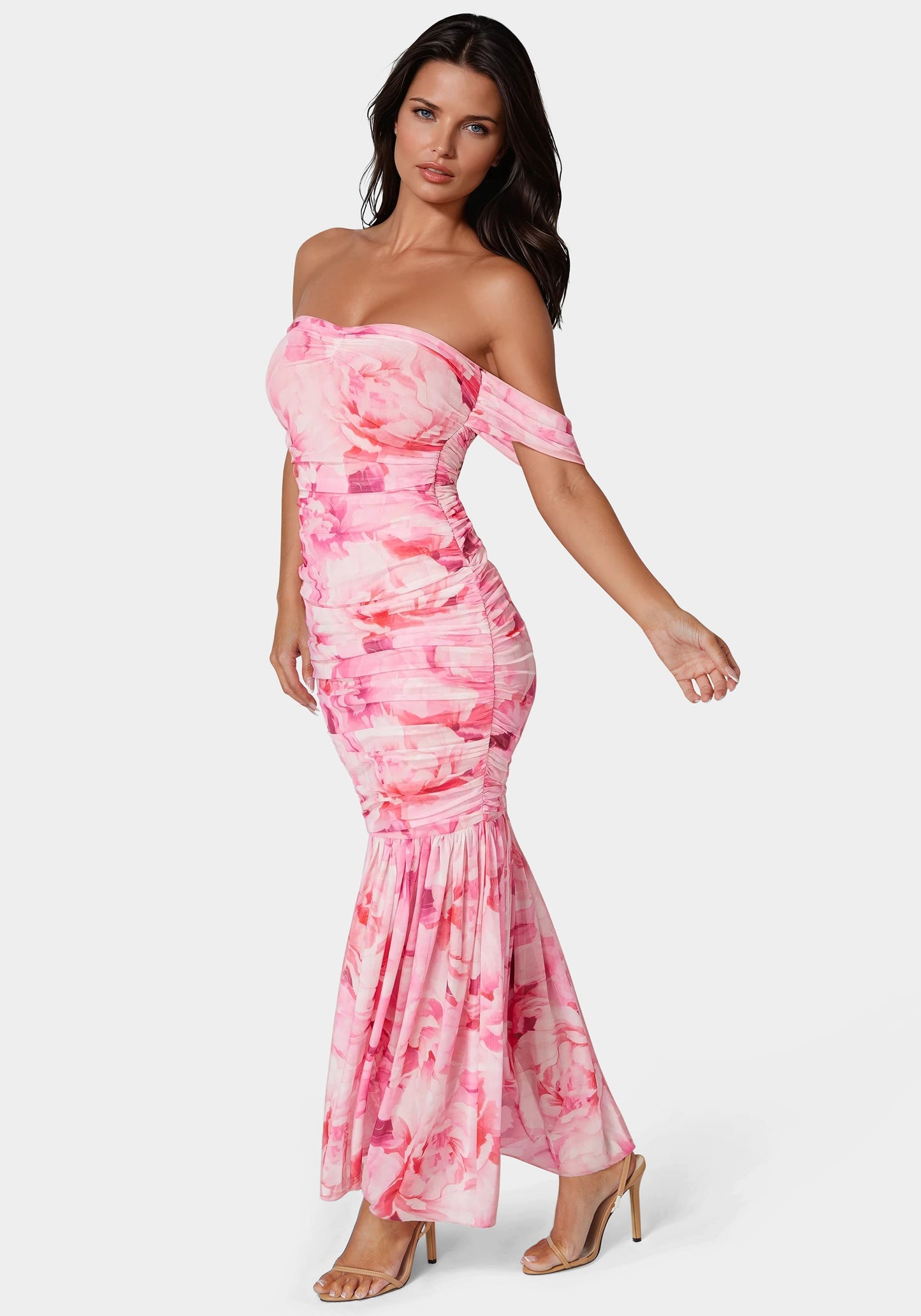 Off Shoulder Ruched Mesh Gown