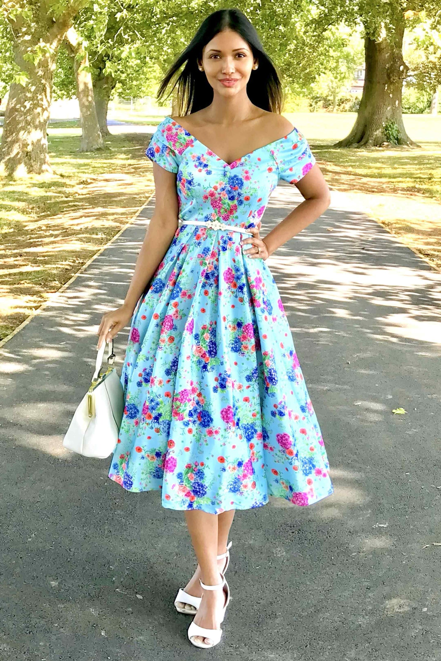 Lily Blue Hydrangea Off Shoulder Dress In Cotton