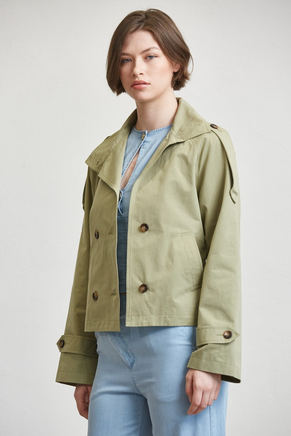 Marlowe Long Sleeve Double Breasted Waist Tie Jacket Olive