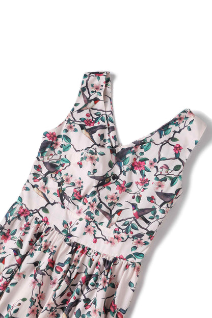 May Crossover Bust Circle Dress In White Bird Print
